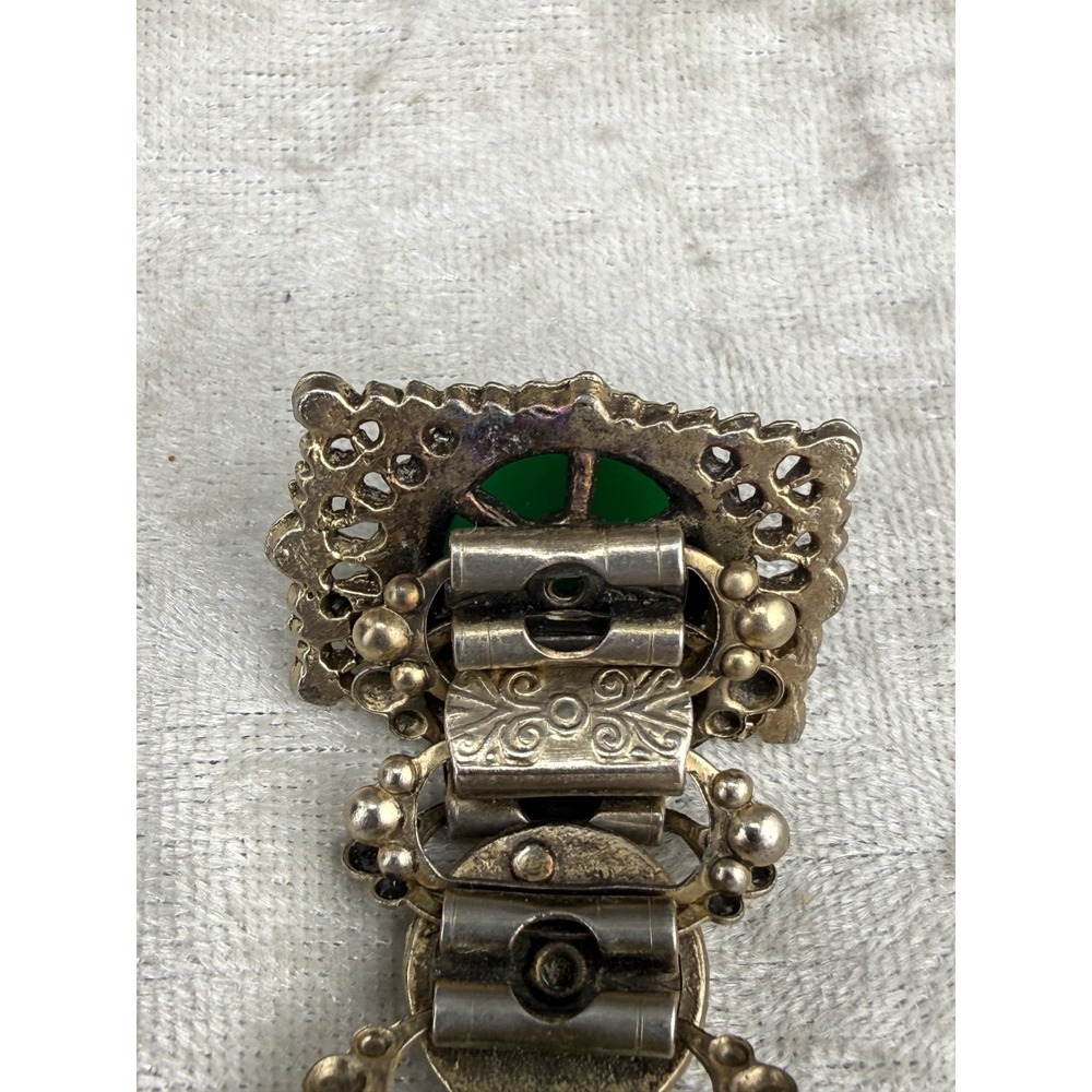 Vintage Victorian Revival Bracelet Green Stones Panel Gold Tone READ - Picture 10 of 12